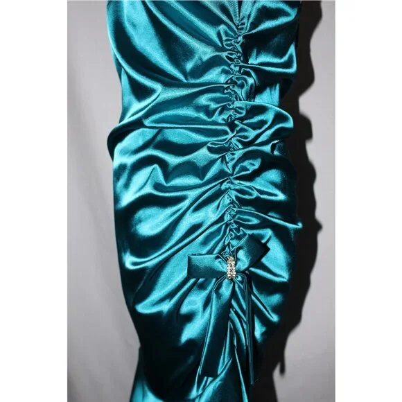 Poly USA #2718 Asymmetrical Satin Dress With Side Ruching-Size L-TEAL-NWT - Picture 4 of 4